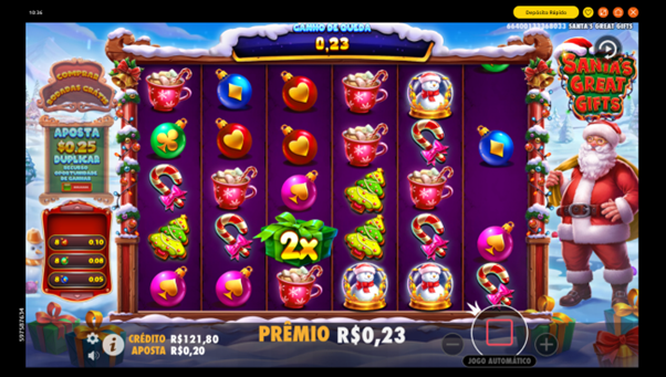 Multiplicador 2x ativado no jogo base de Santa&rsquo;s Great Gifts